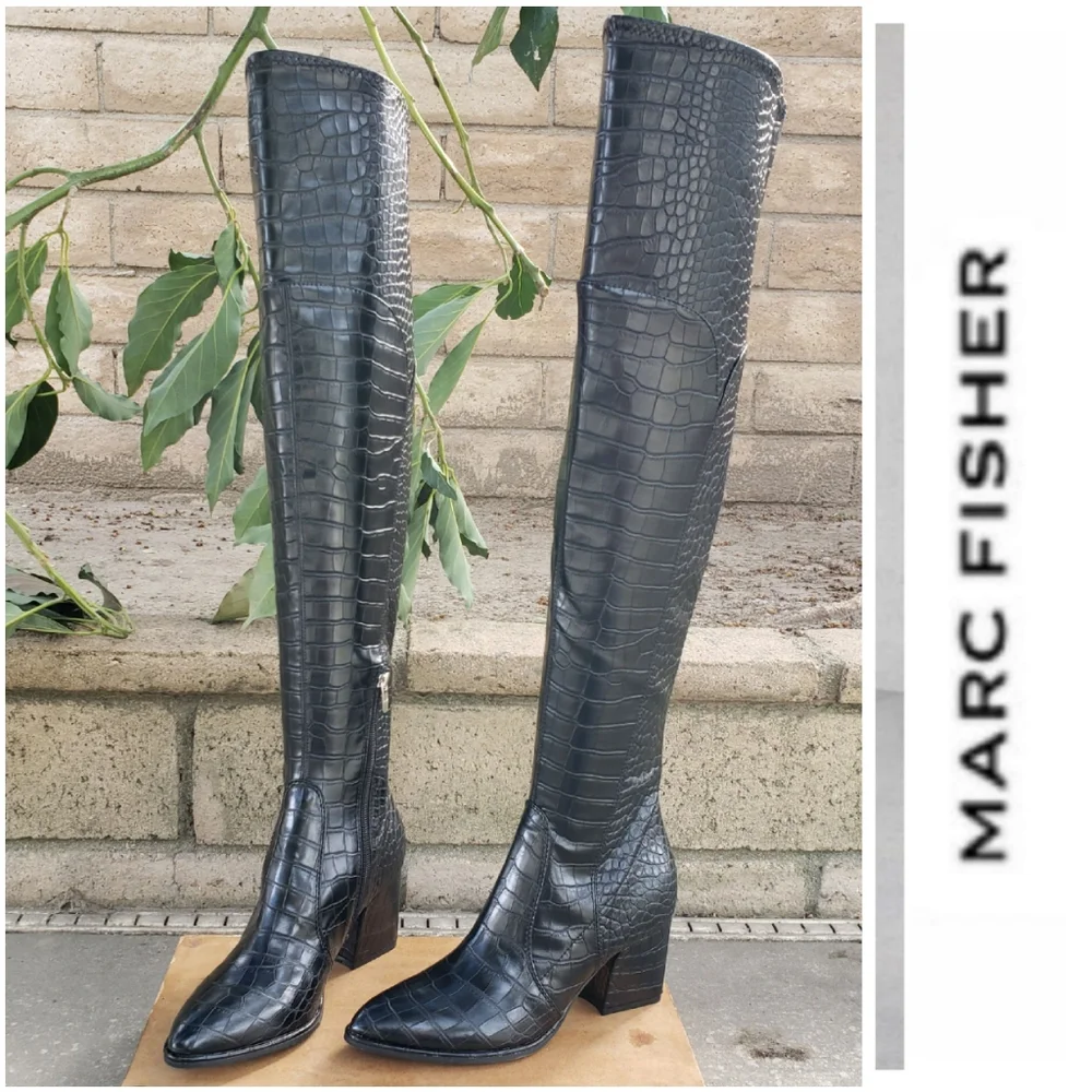 HTF Sassy Fierce Sexy Marc Fisher OTK Black Croc Embossed Boots - Picture 1 of 16